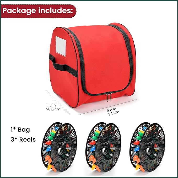 Keten Christmas Light Storage Bag, 600D Oxford Fabric Christmas Light Organizer with Reinforced Handles, 3 Reels Included to Hold 375ft Mini Christmas, Tree Lights & Extension Cords-Red