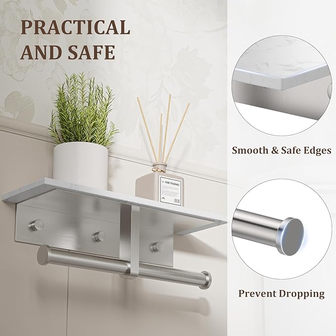BWE Double Toilet Paper Holder with Shelf, Wall Mounted Tissue Roll Holder for Bathroom, Commercial Toilet Paper Dispenser, Marble Toilet Paper Storage Holder with Phone Shelf (Brushed Nickel)