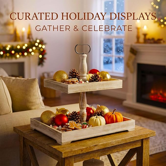 Decorative Tray - Cupcake Stand Two Tiered Tray Farmhouse Rustic 2 Tiered Serving Tray for Home and Kitchen Decor, Party, Weddings-Holiday Decoration Customizable Display Options
