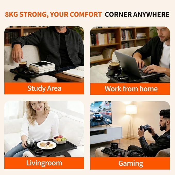 DUMOS Couch Arm Tray, 3 in 1 Clip on Sofa Arm Tray with 360° Rotating Phone Holder, Foldable Couch Armrest Table for Drinks & Snacks, Deep Black