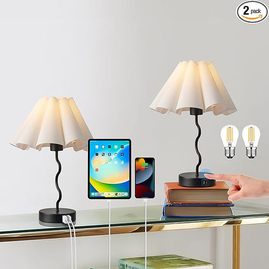 EOEYYOYB Pleated Table Lamp, Set of 2 Table Lamps for Bedroom, Bedside Lamps for Nightstand with Linen Lampshade, Modern Lamp for Bedroom Home Office Decor, Black