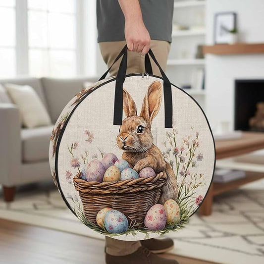 30 Inch Round Storage Bag 1 Pack,Rabbit Easter Egg Basket on Linen Waterproof Wreath Storage Container with Handles&Zipper Colorful Spring Flower Closet Organizer Bags Garland Box