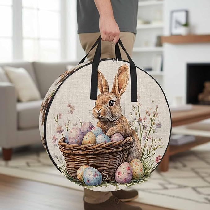 36 Inch Round Storage Bag 2 Pack,Rabbit Easter Egg Basket on Linen Waterproof Wreath Storage Container with Handles&Zipper Colorful Spring Flower Closet Organizer Bags Garland Box
