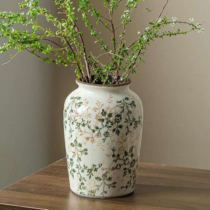 for Mom from Daughter or Son, Vintage Pastoral Green Round Ceramic Vase 7.8”, Ice Crack Chinoiserie Floral Vase, Rustic Decor for Living Room, Bookshelf, Office, Table Centerpiece
