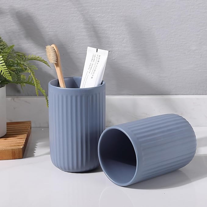Blue Toothbrush Holders for Bathrooms - 2 Cups Ceramic Toothbrush Toothpaste Holders Set, Blue Bathroom Tumbler Cups Reusable Toothbrush Mouthwash Cup, Bathroom Counter Organizer.