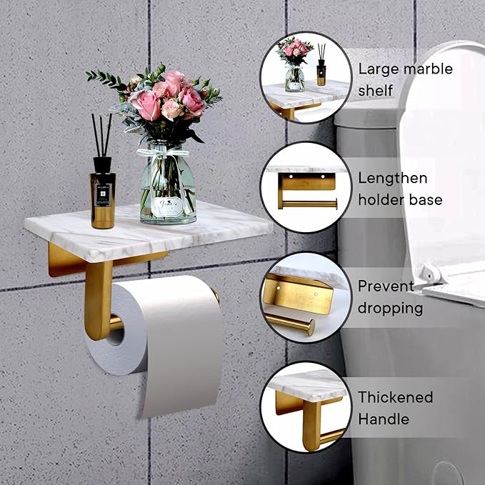 Toilet Paper Holder with Natural Marble Shelf for Bathroom Washroom,Wall Mounted Tissue Holder Suitable for Mega Roll (Brushed Gold, Middle 7.87 * 4.72 in)