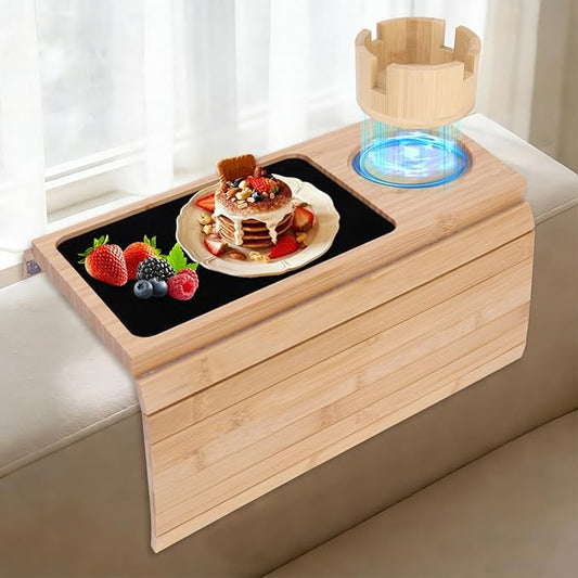 Couch Cup Holder Tray, 3-in-1 Bamboo Couch Armrest Table with 360° Rotating Magnetic and Detachable Phone Holder Stand, Foldable Anti-Slip Sofa Arm Tray for Remote, Phone, Snacks and Drinks