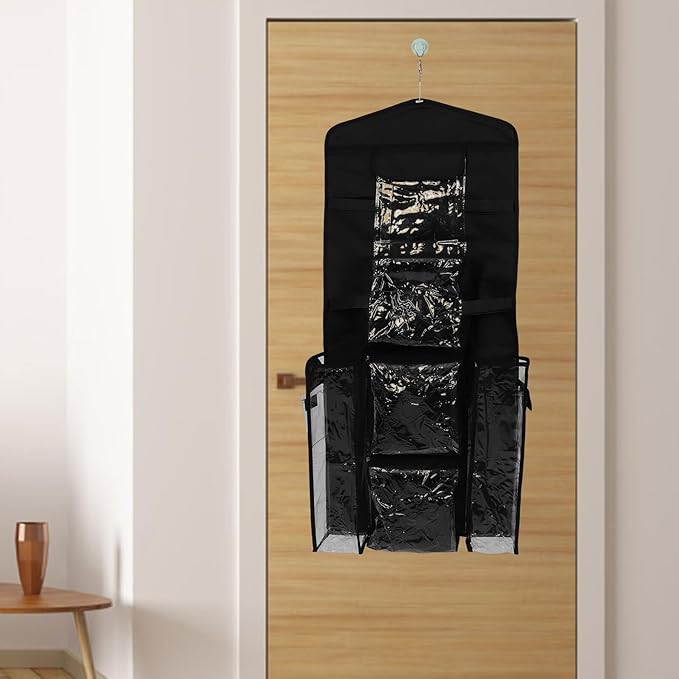 Housoutil Door Wrapping Paper Storage Bag, Hanging Closet Organizer with Multiple Pockets, Black Non-Woven Fabric Wall Mount Storage for Wrap and Ribbon