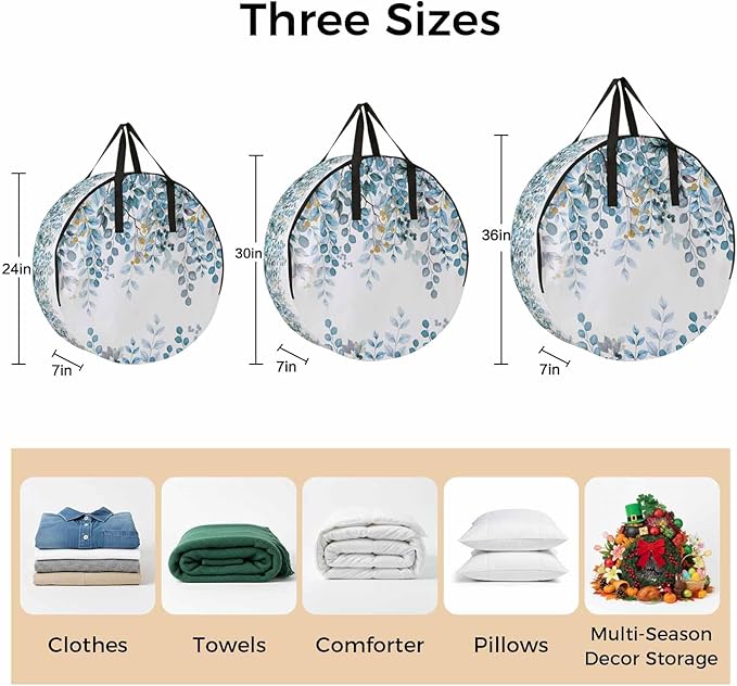 Storage Bag Teal Blue Eucalyptus Leaves Round Storage Totes Bins Closet Organizers with Zippers & Handle Berry Branch Nature Plant Clothes Storage Container for Bedroom Space Saving Packing Supplies