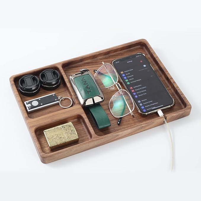 Walnut Wooden Valet Tray – Bedside Table Organizer for Men Dad, Edc Catch All Tray with Cable Slot (11.4 x 7.9 x 0.8 Inch)