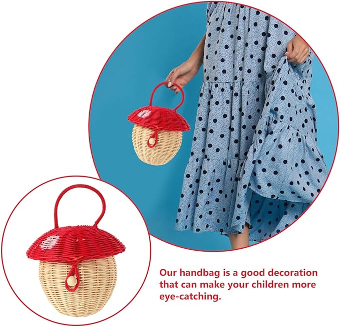 TEHAUX Rattan Mushroom Basket with Lid, Handwoven Rattan Storage Basket Decorative Straw Bag Box Organizer Prop for Room Decor Desktop Props Christmas