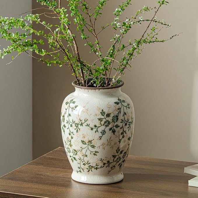 for Mom from Daughter or Son, Vintage Green & Beige Round Chinoiserie Ceramic Vase 8”, Ice Crack Floral Retro Decor for Living Room, Bookshelf, Office, Rustic Table Centerpiece