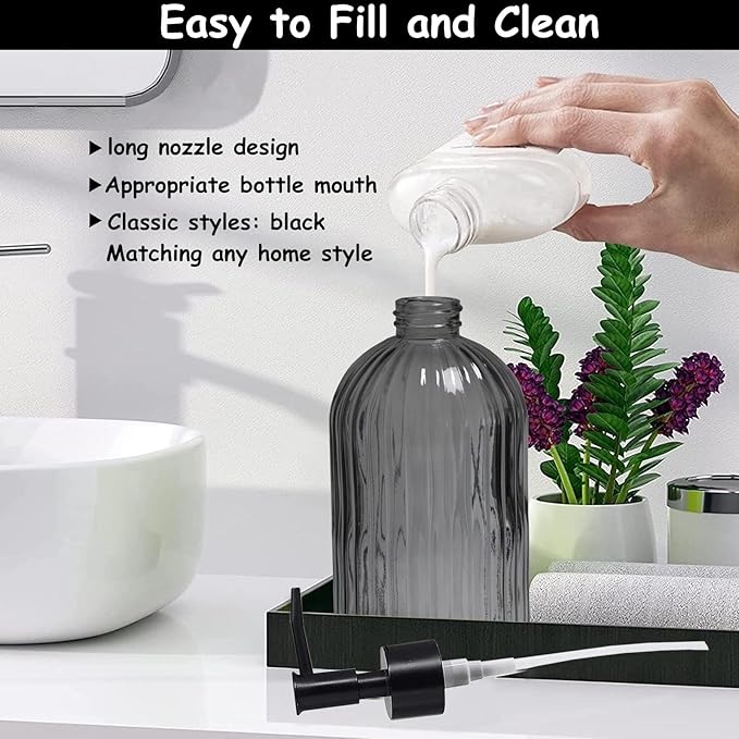 YYTSGG Grey Glass Soap Dispenser with Black Plastic Pump, 13.5oz Refillable Liquid Hand Soap Dispenser, Lotion Dish Soap Dispenser for Modern Home Decor, Bathroom, Kitchen Countertop, Hotel