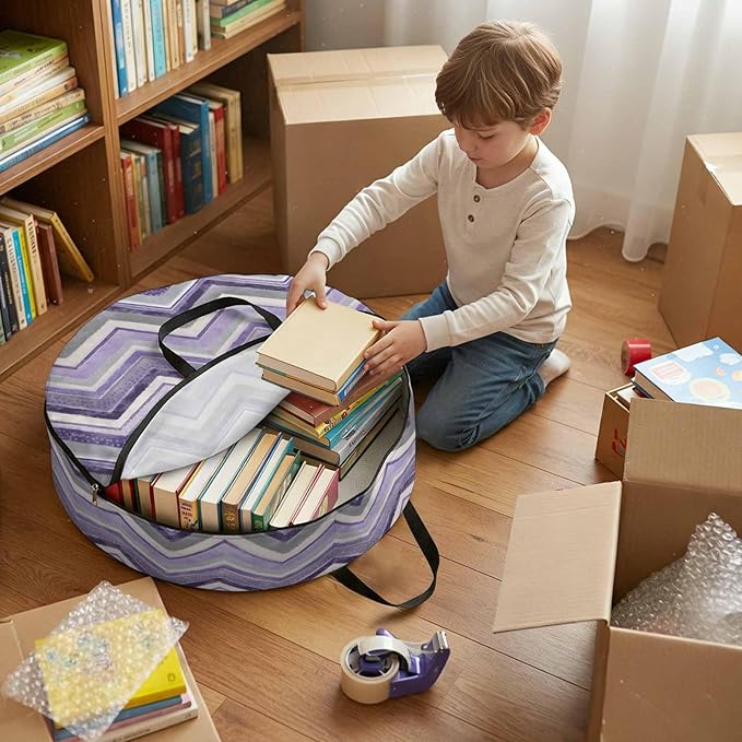 Storage Bag Purple Grey Chevron Round Storage Totes Bins Closet Organizers with Zippers & Handle Geometric Design Stripe Clothes Storage Container for Bedroom Dorm Space Saving Packing Supplies Bags