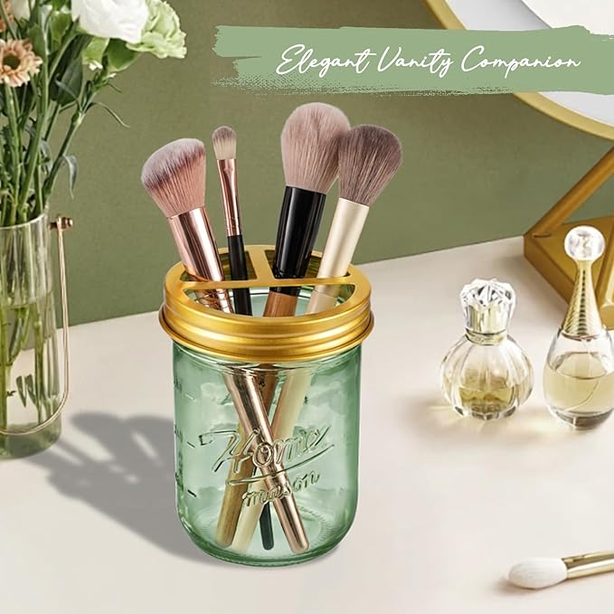 SheeChung Mason Jar Toothbrush Holder, Green Glass Toothbrush Holder for Bathroom Countertop Organizer, Stainless Steel Lid, Electric Toothbrush Toothpaste Holder Storage, Gold Bathroom Accessories