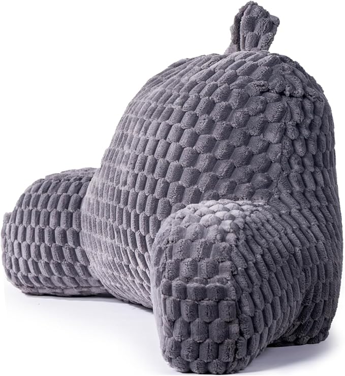 Faux Fur Reading Pillow for Bed Adults, Ultra Soft Plush Floor Backrest Pillow with Side Pockets for Bed & Couch, Perfect for Reading, Watching TV, Gaming, Relaxing, Gray