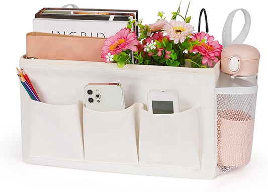 Lilithye Bedside Caddy Storage Organizer with Fixed Straps and Water Bottle Holder for Home, College, Dorm, Bunk/Hospital/Crib Bed Rails, White