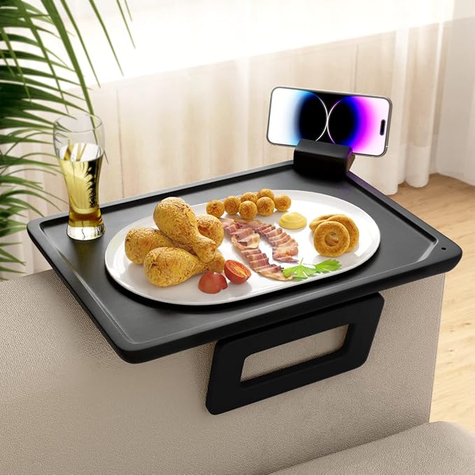 Smatdecis Couch Arm Tray Table Sofa Arm Clip, Armrest Tray Table Suitable for Home Drinks/Fast Food/Fruit Etc, Large Size Multi-Function Black(360° Rotating Stand B)