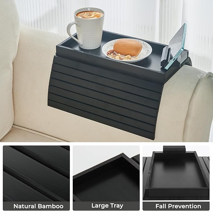 LOVYANXUE Bamboo Sofa Arm Tray Armrest Table with 360° Rotating Phone Holder, Anti Falling Couch Arm Tray, Foldable and Portable Sofa Armrest Cup Holder for Drink,Cups, Phone, Snacks, Remote