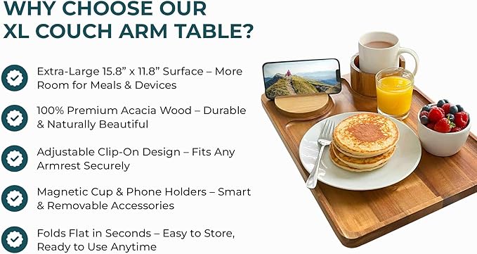 Couch Arm Table | XL Acacia Wood Folding Sofa Side Tray | 15.8" x 11.8" | Cup & Phone Holder | Adjustable Clip on TV Caddy Armrest Tray | Perfect for Eating Dinner & Snacks | Thin Foldable Organizer