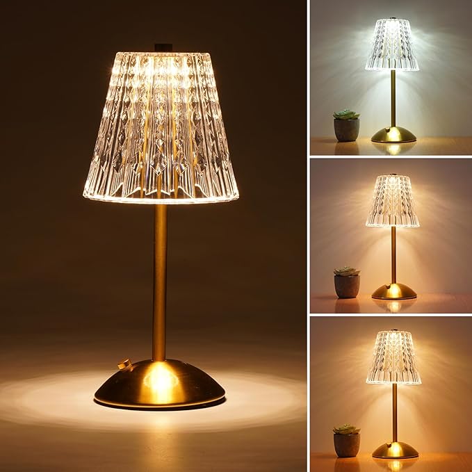 Nusogon Rechargeable Cordless Table Lamp, Touch Control Crystal Desk Lamp with 3500mAh Battery, 3 Color Dimmable LED Small Lamp for Bedroom Bedside Restaurant Kitchen Home Decor