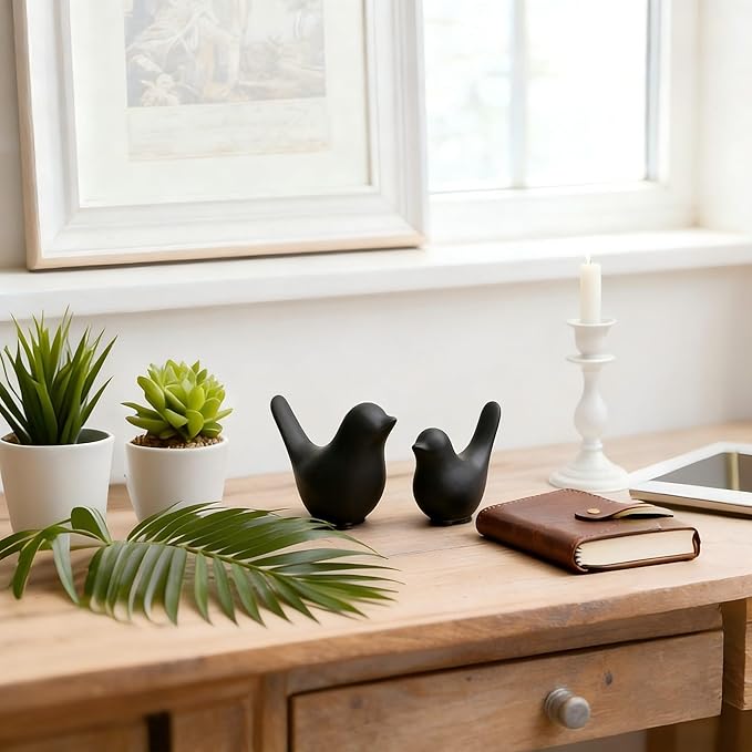 Elegant Black Small Bird Sculptures,Modern Abstract Art Pieces for Bookshelf Decor, Coffee Table Decor, and Luxury Home Decor Accents(2Pcs Black Birds)