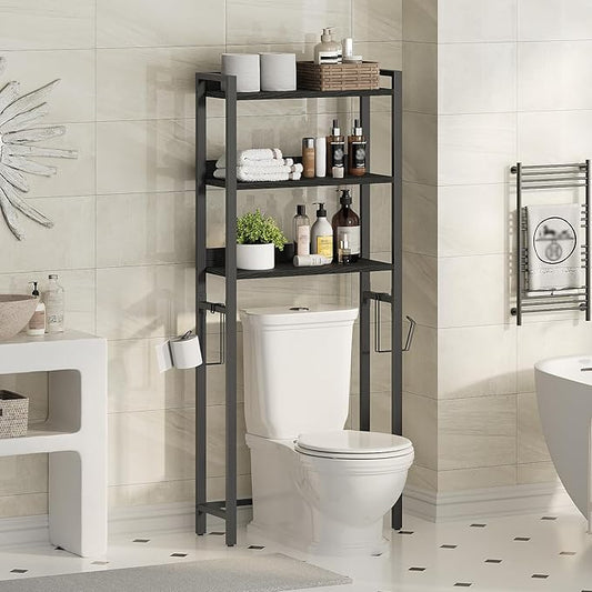 MAHANCRIS Over The Toilet Storage Rack, 3 Tier Bathroom Organizer Over Toilet, Freestanding Space Saver Toilet Stand with 2 Hooks, Bathroom Storage Shelf, Easy to Assemble, Black TSBK6001