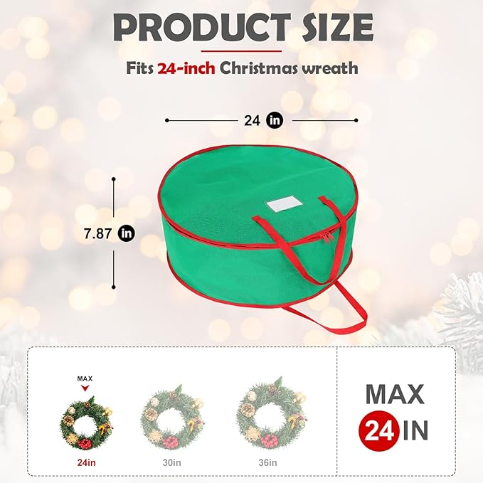 2 Pack Christmas Wreath Storage Container Bag 24", Card Slot Durable Handles and Double Zipper Storage Containers and to Protect Artificial Garland - Green