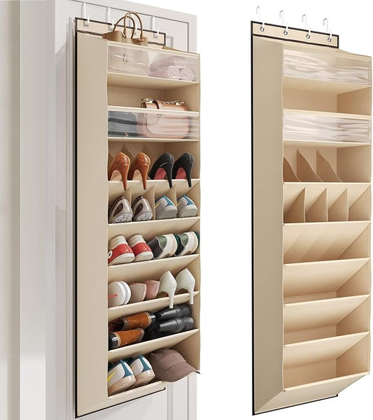 Mefirt 16-20 Pairs Over the Door Shoe Organizer, Clear Pockets Shoe Rack for Closet Door, Hanging Shoe Rack for Boots, Behind the Door Shoe Holder Fit All the Family's Sneakers, Boots, Heels, Beige
