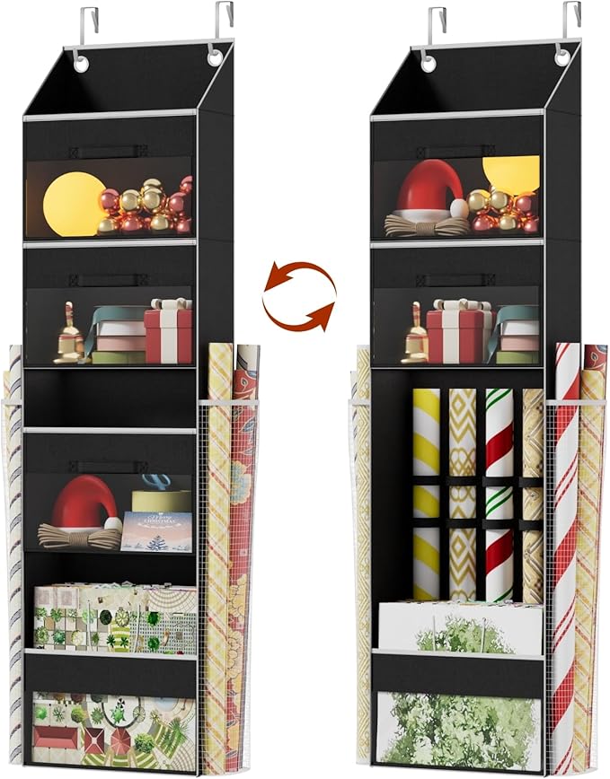 Black Over Door Wrapping Paper Organizer Storage with 3 Removable Drawers & Side Pockets – Dual Use Design with Elastic Straps – Christmas Gift Wrap Storage for Ribbons, Bows,Ornament and Other Tools