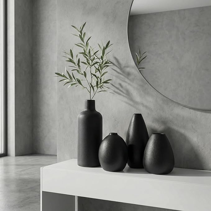 Neutral Black Ceramic Decorative Vase Set, Modern Matte Minimalist Vases for Shelf, Coffee Table, Living Room & Fireplace Mantel Decor (4, Black)