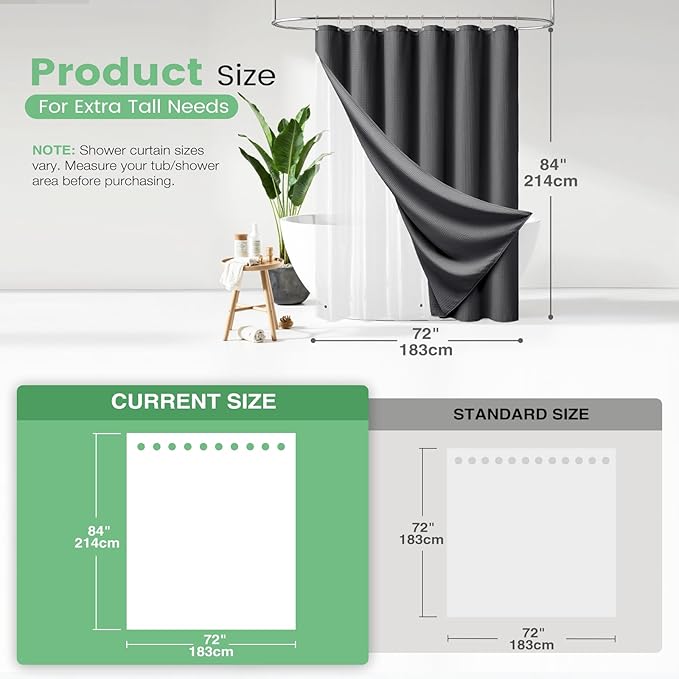 Dynamene Extra Long Shower Curtain and Liner Set - 84 inch Tall Waffle Fabric, Waterproof Clear Liner, Heavy Duty Weighted Hotel Luxury Shower Curtains for Bathroom with 12 Hooks, 72x84, Charcoal Grey