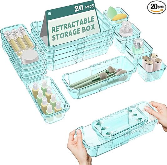 20 Pcs Clear Drawer Organizer, Adjustable Drawer Storage Box, 3-Size Desk Drawer Organizer, Acrylic Storage Bins for Makeup, Kitchen Utensils, Bedroom Dressers Tool Organizer for Gadgets, Blue