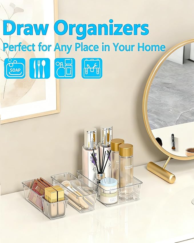 Clear Drawer Organizers Set of 44, 4-Size Vanity Organizer Trays, Stackable Bathroom & Desk Drawer Organizer for Makeup, Jewelry, Kitchen Utensils, Office Supplies and Small Gadgets Storage