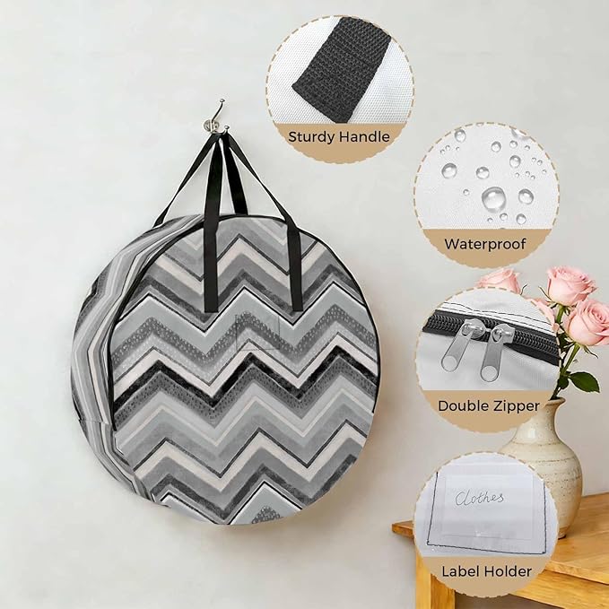 Storage Bag Grey Chevron Round Storage Totes Bins Closet Organizers with Zippers & Handle Geometric Design Stripe Clothes Storage Container for Bedroom Dorm Space Saving Packing Supplies Moving Bags