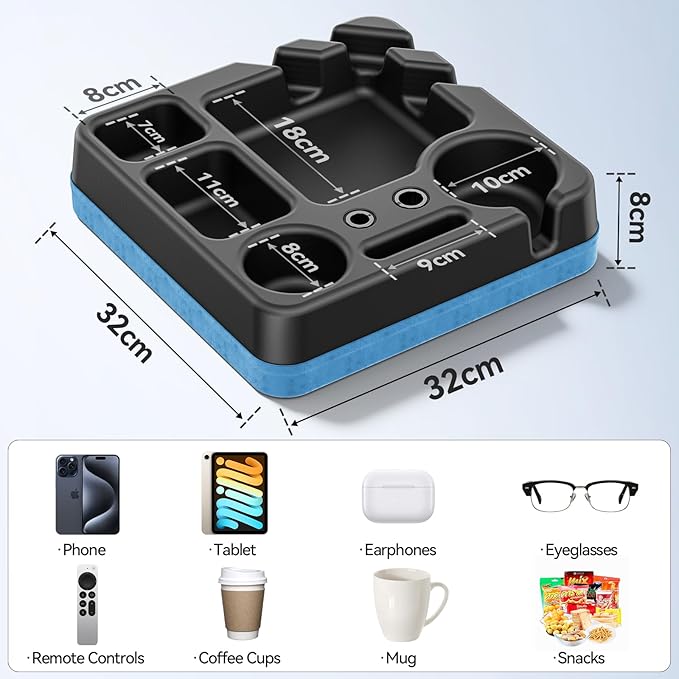 Couch Cup Holder Tray Couch Cup Holder Pillow Bed Tray Snack Sofa Bed Caddy Organizer Beach Sofa Drink Holder Anti-Spill Portable Snack Caddy Couch Remote Holder for Phone Pad Kindle Beverage Blue