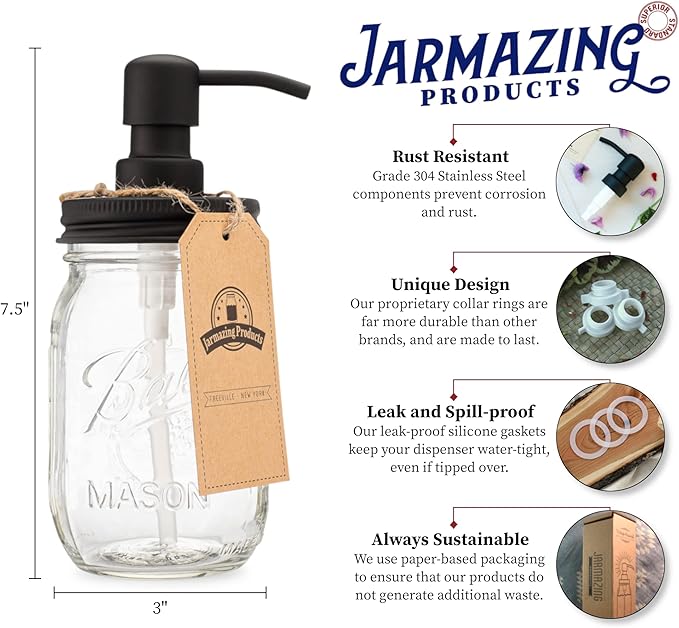 Jarmazing Products Mason Jar Soap Dispenser - Black - 16 oz Ball Mason Jar Liquid Dispenser for Kitchen & Bathroom - Glass - Dish Soap Dispenser with Rust Proof Stainless Steel Pump & Lid
