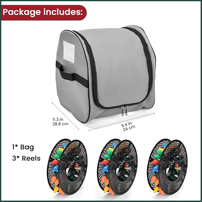 Keten Christmas Light Storage Bag, 600D Oxford Fabric Christmas Light Organizer with Reinforced Handles, 3 Reels Included to Hold 375ft Mini Christmas, Tree Lights & Extension Cords-Grey