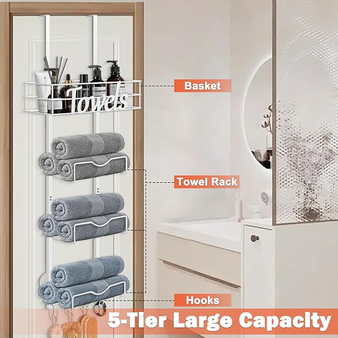 HarJue Over The Door Towel Racks, No Drill Towel Storage with Basket & Hooks, Space-Saving Multi-Functional Towel Holder for Bathrooms, bedrooms, Apartments, RVs (White, 5 Tier)
