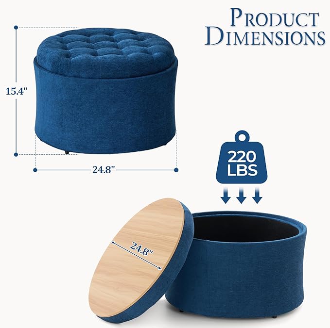 ONBRILL 25" Round Ottoman Coffee Table, Storage Ottoman with Lift-Off Lid, Multifunctional Foot Rest & Hidden Storage, Sturdy Steel Frame for Bedroom, Living Room, Corners, Apartment