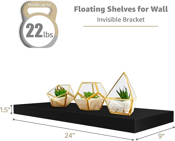 Sorbus Floating Shelves for Wall - 24" Bathroom Shelves, Wall Decor for Bedroom, Kitchen, Living Room, Home Decor & Book Storage - Mounted Floating Shelf with Invisible Brackets (Black, 2 Pack)