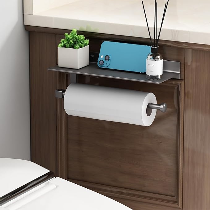 Danpoo Kitchen Paper Towel Holder with Shelf Wall Mount, Adhesive Hand Towel Holder for Bathroom, Matte Grey