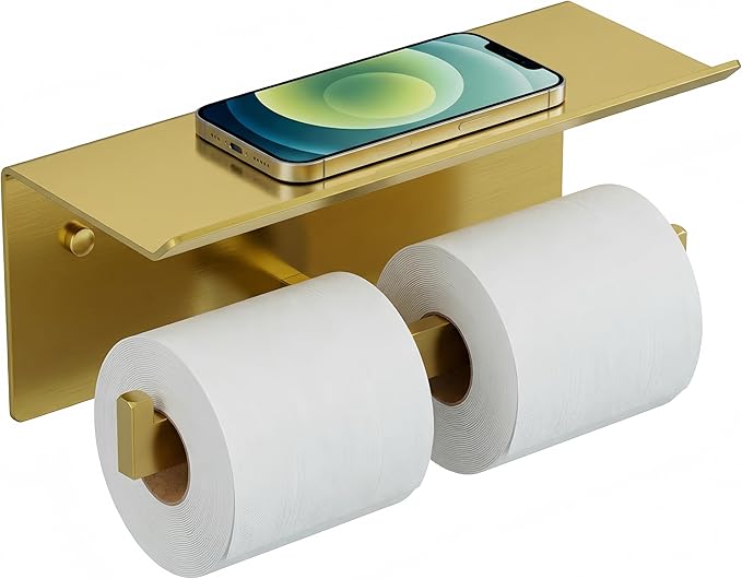 FORIOUS Toilet Paper Holder with Shelf, 304 Stainless Steel Wall Mount Commercial Toilet Paper Dispenser, Double Tissue Roll Holder for Bathroom, Brushed Gold