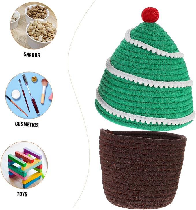 Unomor Christmas Tree Shaped Storage Basket Lid Decorative Desktop Organizer for Toys Snacks and Makeup Home Decor for Holiday Season