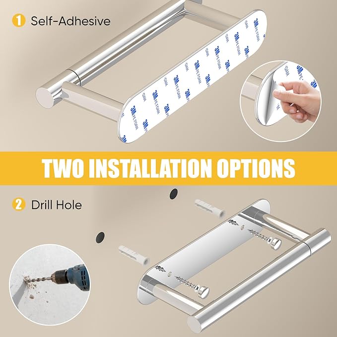 BESy Adhesive or Screw Toilet Paper Holder Wall Mount Rustproof Modern Roll Holder Flexible Pivoting Adjustable Tissue Handle with Self Adhesive or Mounted with Screws Stainless Steel Polished Chrome
