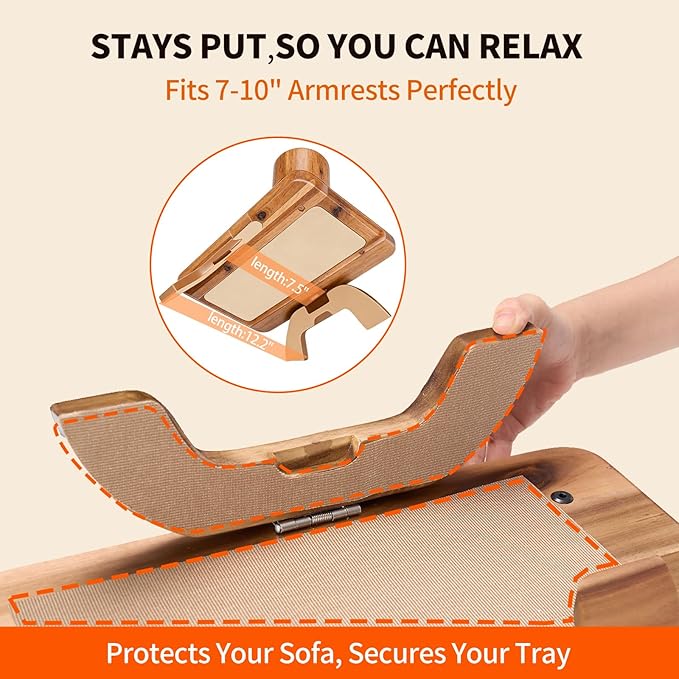DUMOS Couch Arm Tray, 3 in 1 Clip on Sofa Arm Tray with 360° Rotating Phone Holder, Foldable Couch Armrest Table for Drinks & Snacks, Brown