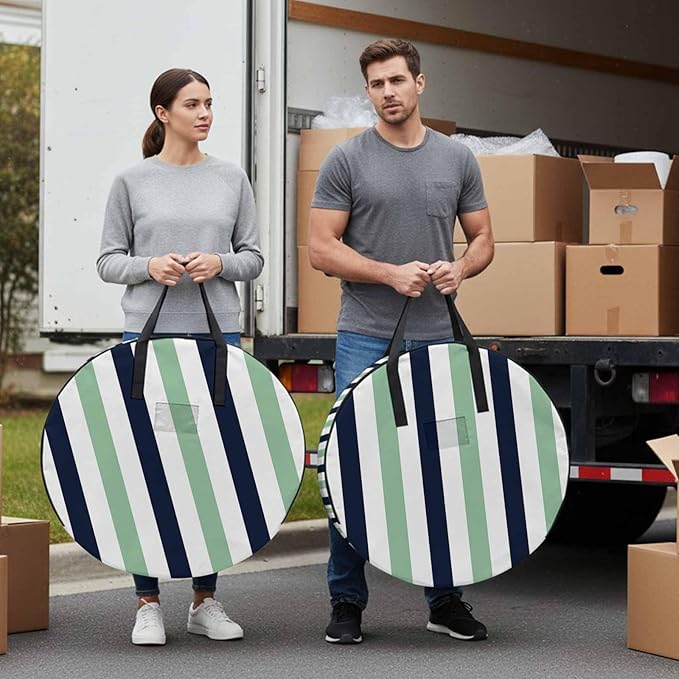 Storage Bag Navy Blue Stripes Round Storage Totes Bins Closet Organizers with Zippers & Handle Green Contrast Striped Clothes Storage Container for Bedroom Dorm Space Saving Packing Supplies Bags