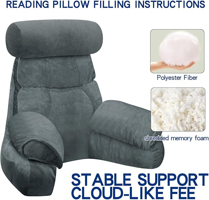 FXXUDVNIIN Back Pillow for Bed Sitting up – with 9.4" Armrest, for Reading, Gaming, Relaxing. Also Serves as tv Pillows for Sitting in Bed, Floor Pillow & Back Support for Adults.
