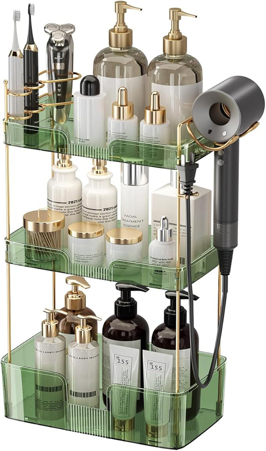 Akinbas 3 Tier Bathroom Organizer Countertop Makeup Perfume Tray Skincare Organizer Comes with Hair Dryer Rack and Toothbrush Holder for Bathroom Dresser Vanity (Green)