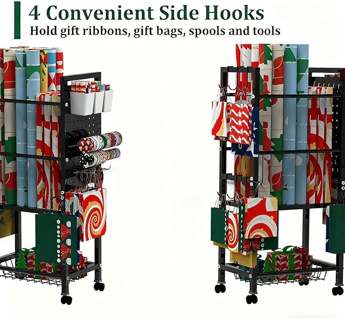 Rolling Wrapping Paper Organizer Cart with Pegboard & Storage Baskets, Gift Wrap Station with Hooks, Holders, Wheels & Containers for Ribbons, Bags, Craft Supplies Gift Wrapping Station